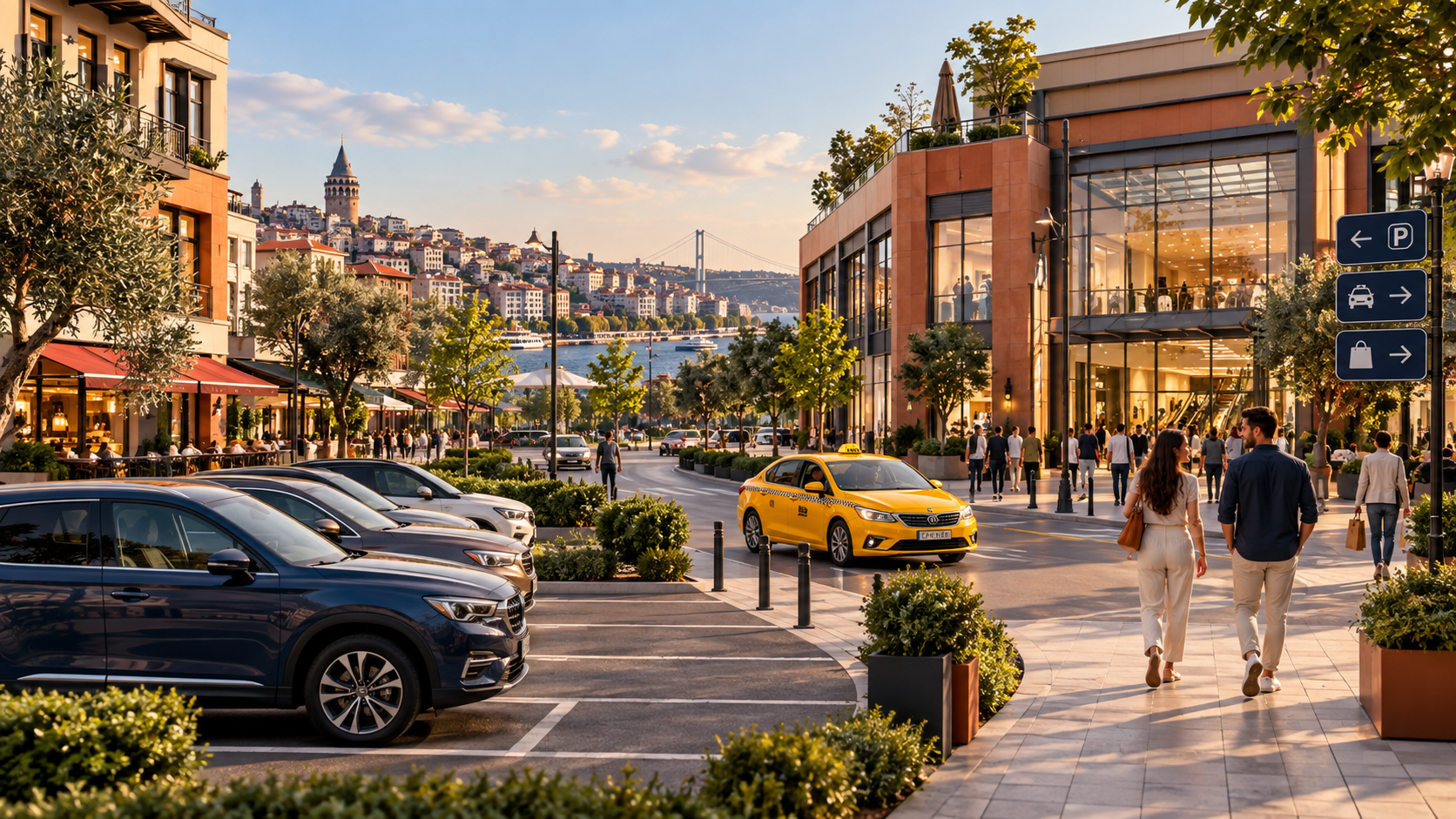 Şehirde otopark ve taksi seçenekleri